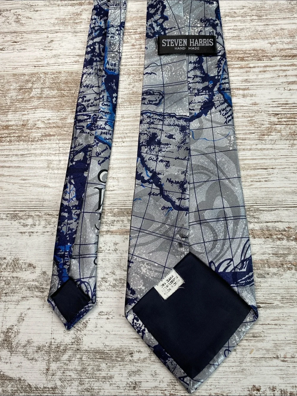 Steven Harris Gospel Quote Necktie Blue Gray Vintage Nautical Ship Map